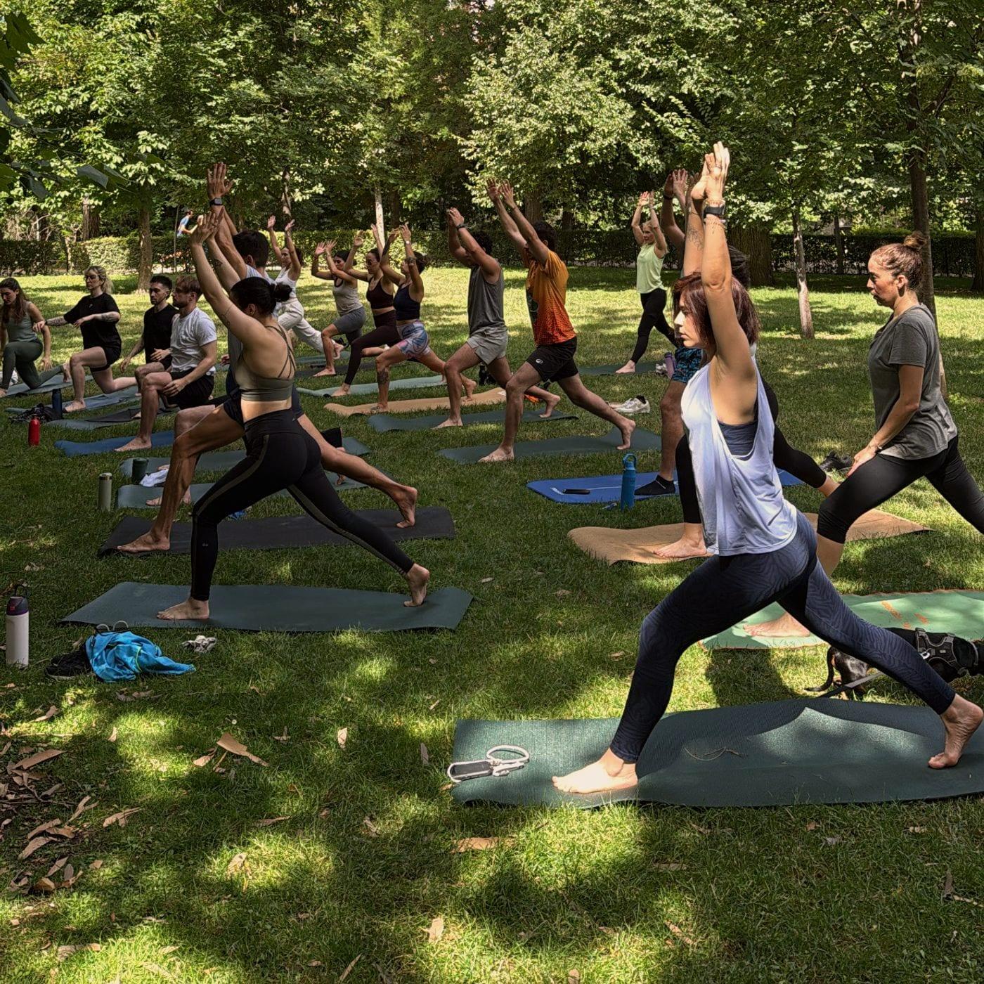 Un grupo numeroso de migrantes hispanos haciendo una postura de yoga de pie, cada uno sobre su esterilla, en un parque de Madrid